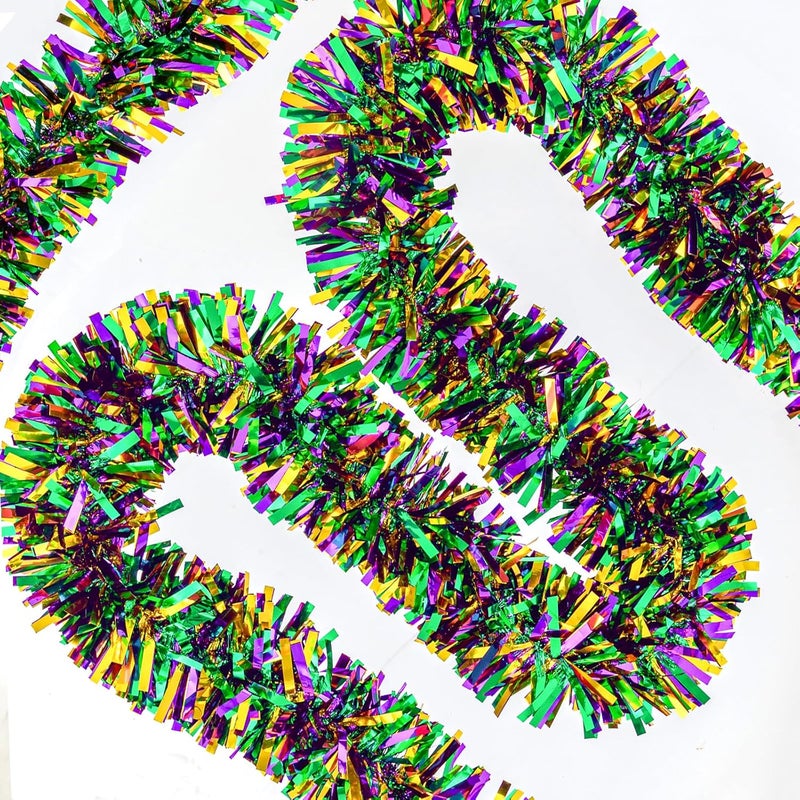 Jocomoni 33FT Mardi Gras Tinsel Garland Purple Green Gold Metallic Twist Tinsel Garland Mardi Gras Hanging Garland for for Mardi Gras Carnival Deocoration Tree Stair Mantle Party Supply - Image 1