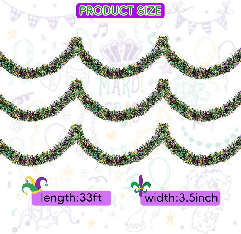 Jocomoni 33FT Mardi Gras Tinsel Garland Purple Green Gold Metallic Twist Tinsel Garland Mardi Gras Hanging Garland for for Mardi Gras Carnival Deocoration Tree Stair Mantle Party Supply - Image 3