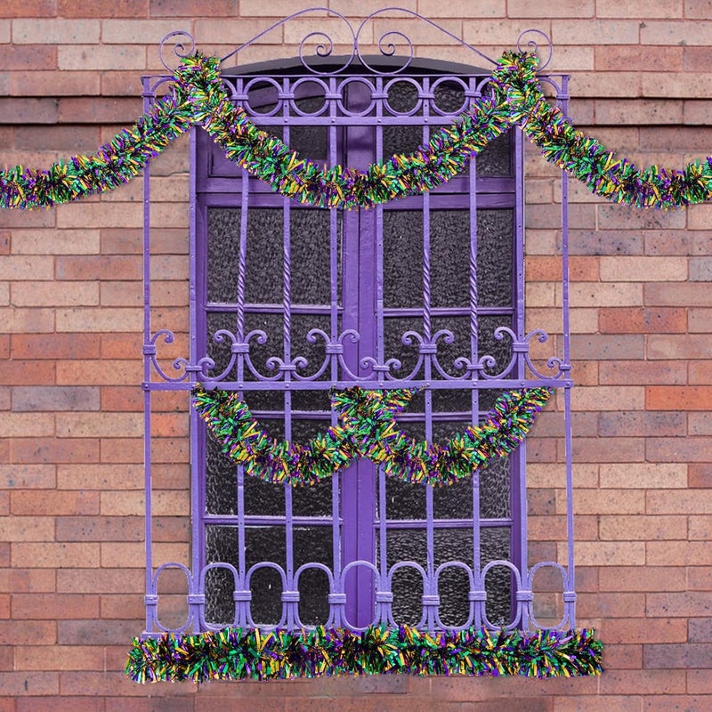 Jocomoni 33FT Mardi Gras Tinsel Garland Purple Green Gold Metallic Twist Tinsel Garland Mardi Gras Hanging Garland for for Mardi Gras Carnival Deocoration Tree Stair Mantle Party Supply - Image 5