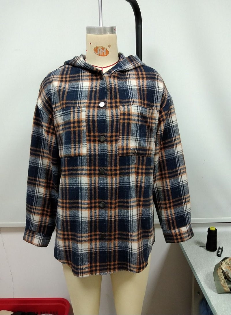 Loquat Hooded Loose Casual Cardigan Plaid Shirt Coat Multicolour - Image 1
