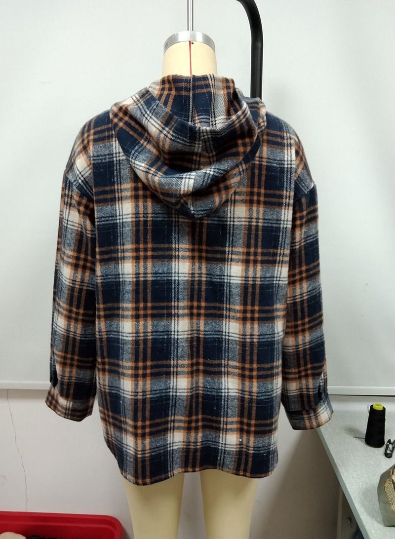 Loquat Hooded Loose Casual Cardigan Plaid Shirt Coat Multicolour - Image 3