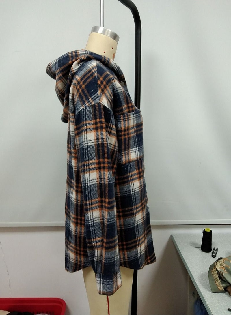 Loquat Hooded Loose Casual Cardigan Plaid Shirt Coat Multicolour - Image 2