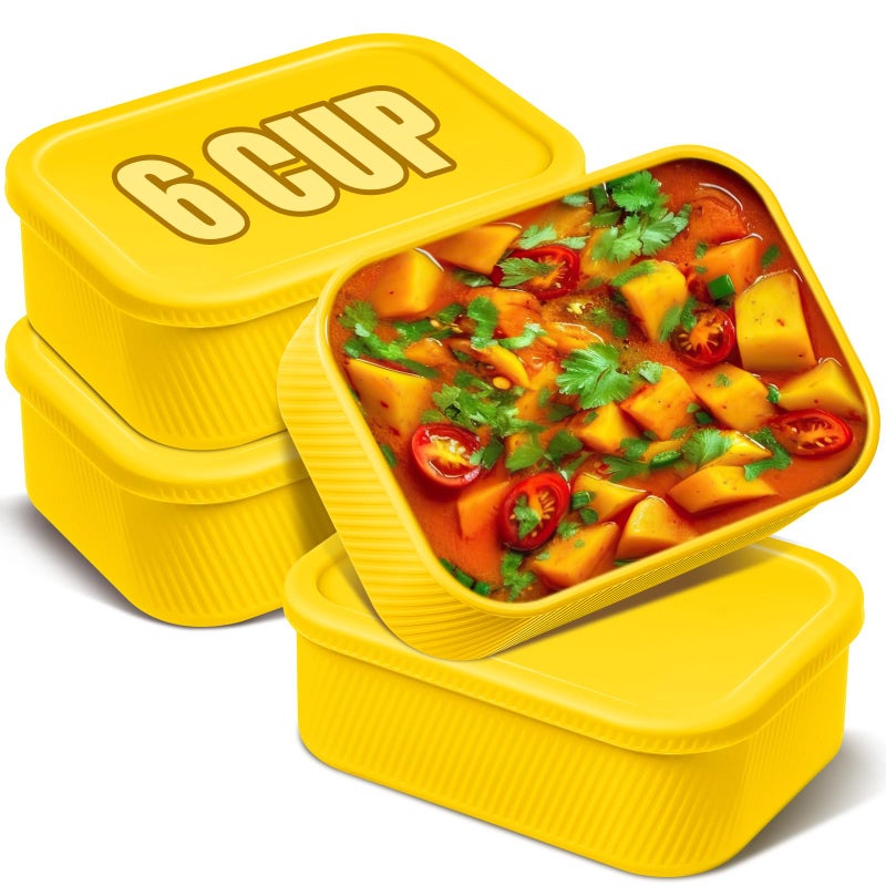 Nuogo 4 Pcs 6 Cup Silicone Freezer Trays with Lid Soup Containers Reusable Freezer Silicone Molds Rectangle Containers Ice Trays for Soups Sauces Stews Curries, Yellow - Image 1