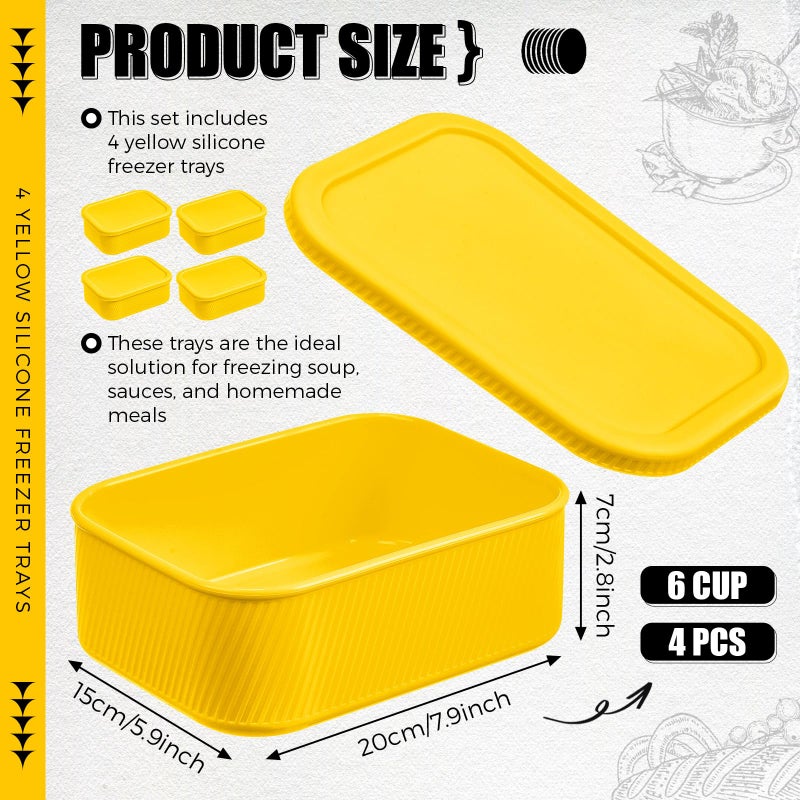 Nuogo 4 Pcs 6 Cup Silicone Freezer Trays with Lid Soup Containers Reusable Freezer Silicone Molds Rectangle Containers Ice Trays for Soups Sauces Stews Curries, Yellow - Image 2
