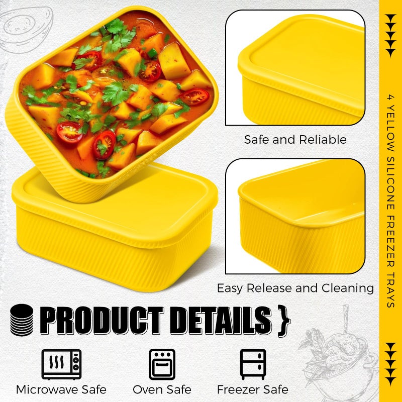 Nuogo 4 Pcs 6 Cup Silicone Freezer Trays with Lid Soup Containers Reusable Freezer Silicone Molds Rectangle Containers Ice Trays for Soups Sauces Stews Curries, Yellow - Image 4