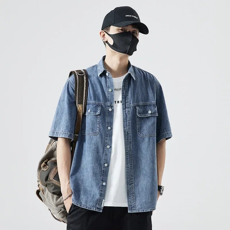 Plus size men''s summer new retro Denim short-sleeved shirt men''s loose plus size simple Denim shirt - Image 3