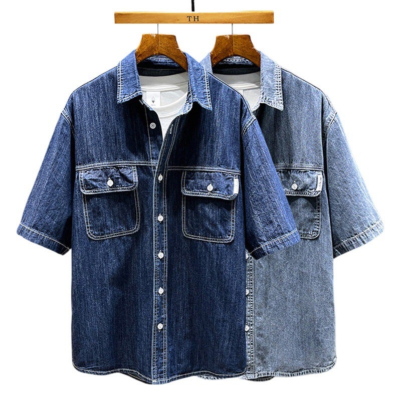 Plus size men''s summer new retro Denim short-sleeved shirt men''s loose plus size simple Denim shirt - Image 2