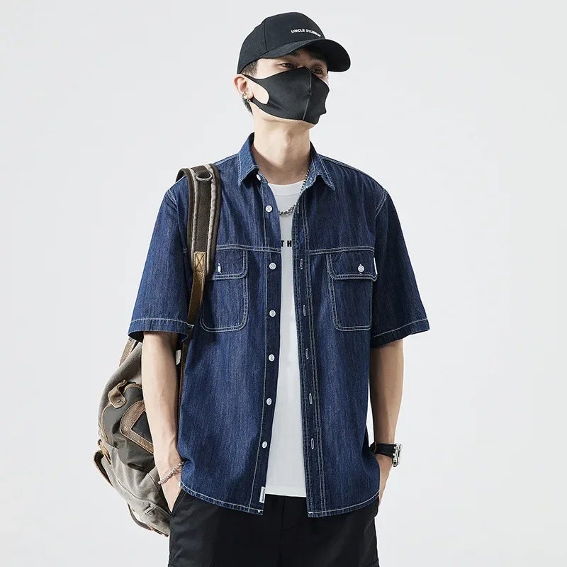 Plus size men''s summer new retro Denim short-sleeved shirt men''s loose plus size simple Denim shirt - Image 5