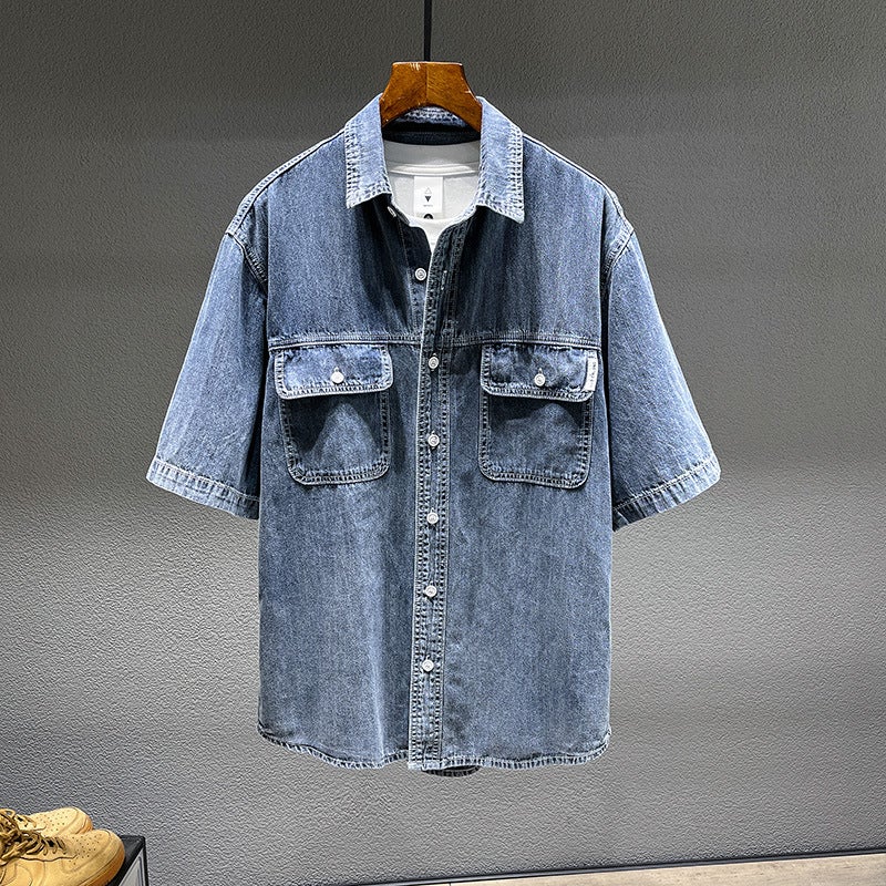 Plus size men''s summer new retro Denim short-sleeved shirt men''s loose plus size simple Denim shirt - Image 1