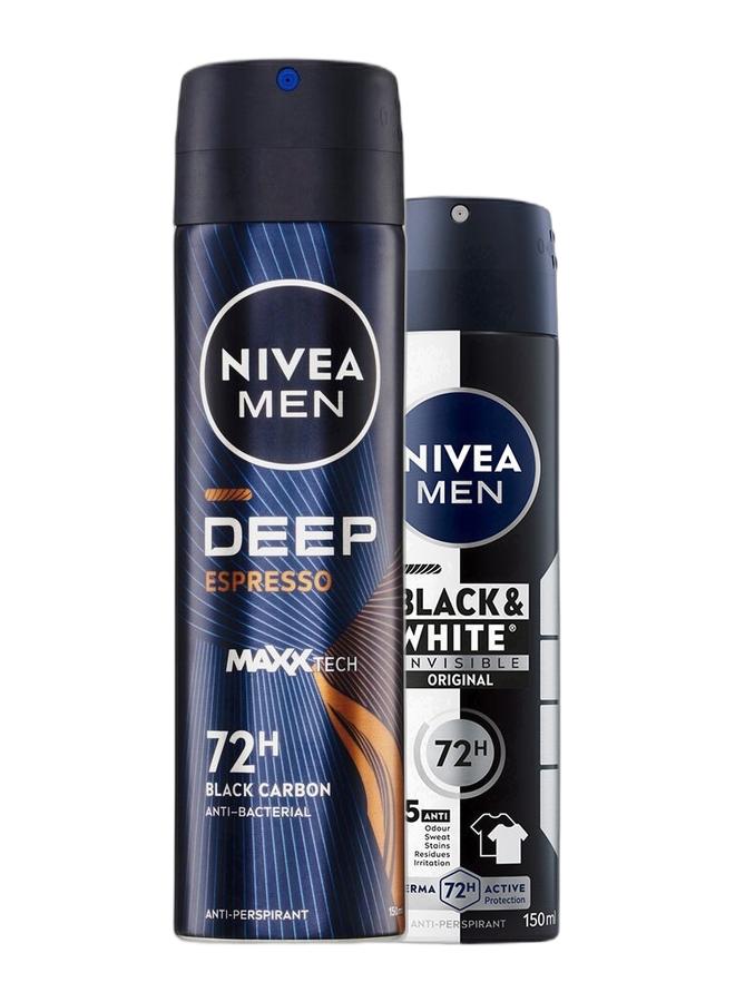 سعر ومواصفات Nivea MEN DEEP Black Carbon Espresso, Antiperspirant for Men, Antibacterial, Spray Black/Brown 150ml + MEN Black And White Invisible Antiperspirant Deodorant Spray 150ml (Z9C86564DFDC39A91080EZ) على Noon EG