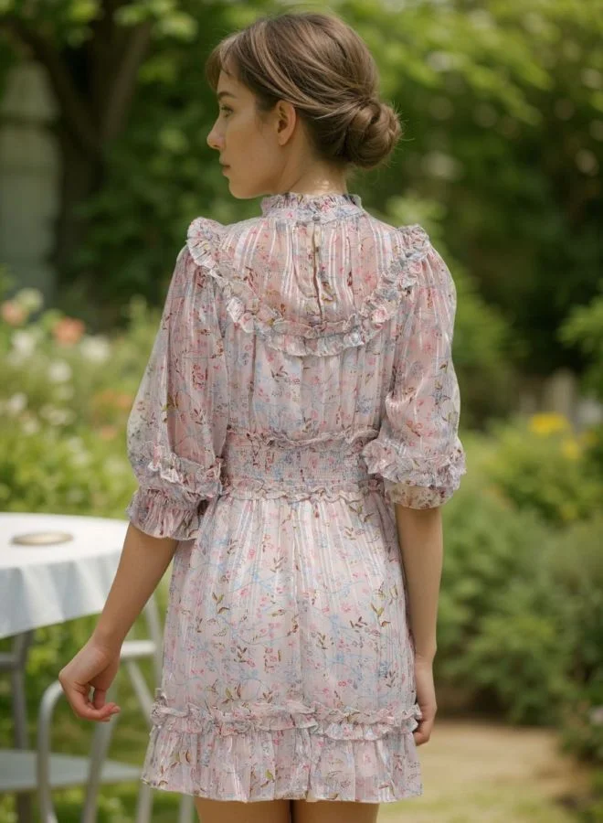 Freehand  Women Fit and Flared Floral Printed Round Neck Three-Quarter Sleeve Mini Dress for Women | Best Price UAE