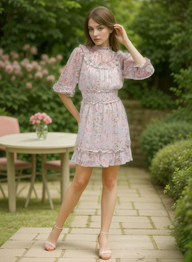 Freehand  Women Fit and Flared Floral Printed Round Neck Three-Quarter Sleeve Mini Dress for Women | Best Price UAE