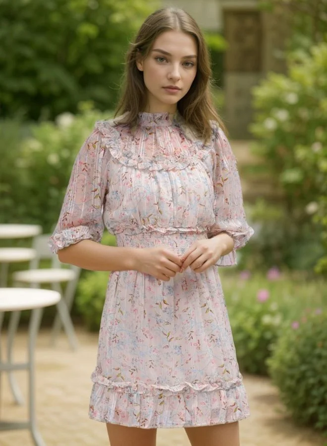 Women Fit and Flared Floral Printed Round Neck Three-Quarter Sleeve Mini Dress