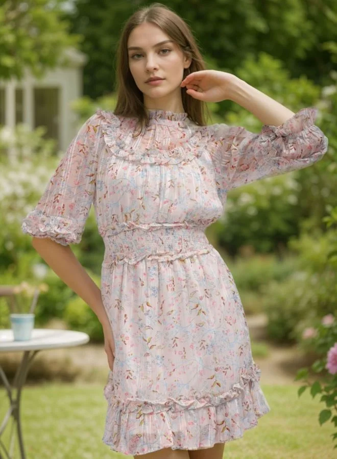 Freehand  Women Fit and Flared Floral Printed Round Neck Three-Quarter Sleeve Mini Dress for Women | Best Price UAE