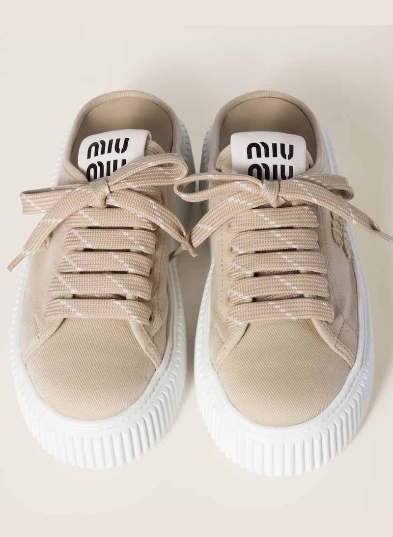 مياو مياو شعار مطرز بحروف مقدمة مستديرة من الدنيم حذاء مول من القماش المسطح - Image 2