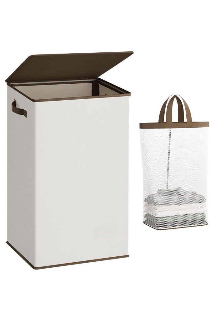 Taizz Ventures سلة غسيل كبيرة سعة 90 لتر مع غطاء وسلة غسيل قابلة للطي، سلة ملابس مع حقيبة قابلة للإزالة وسهلة الحمل، سلات متسخة لغرفة النوم، الحمام، السكن الجامعي، الكلية، عاجي، أبيض مائل للبياض