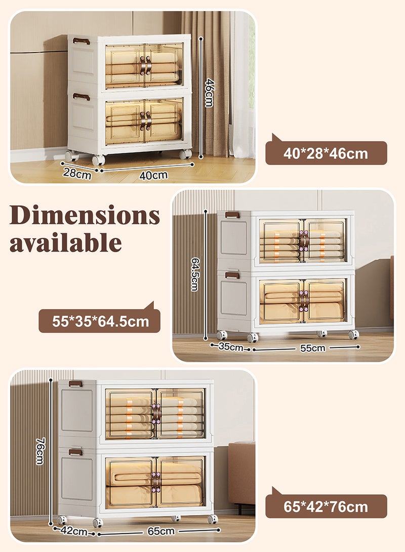 Ollieroo خزانة تخزين بلاستيكية قابلة للطي بطبقتين مع عجلات – منظم PP بأبواب مغناطيسية شفافة، تصميم قابل للتكديس وتوفير المساحة للمطبخ أو غرفة النوم أو غرفة المعيشة، 65 × 42 × 76 سم - Image 3