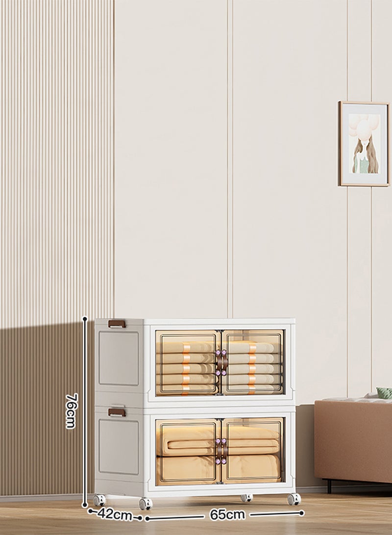 Ollieroo خزانة تخزين بلاستيكية قابلة للطي بطبقتين مع عجلات – منظم PP بأبواب مغناطيسية شفافة، تصميم قابل للتكديس وتوفير المساحة للمطبخ أو غرفة النوم أو غرفة المعيشة، 65 × 42 × 76 سم - Image 2