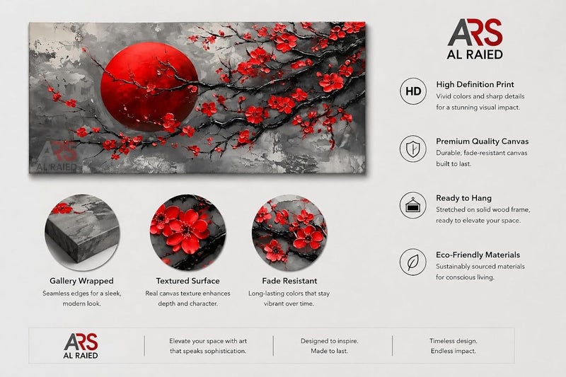 ARS Graphics ARS® Modern Red Blossom Canvas Wall Art 40 X 70 CM - Premium Abstract Cherry Blossom & Crimson Sun Painting - Image 3