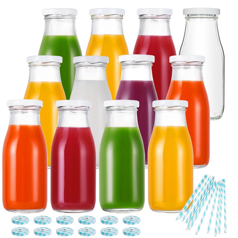 YEBODA 11oz Glass Milk Bottles with Reusable Metal Twist Lids and Straws for Beverage Glassware and Drinkware Parties Weddings BBQ Picnics Set of 12