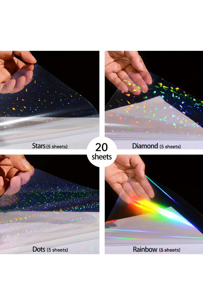 A4-20 Sheets Mix 20 Sheets Holographic PVC Sticker Paper, A4 Mixed Patterns (Rainbow, Broken Glass,