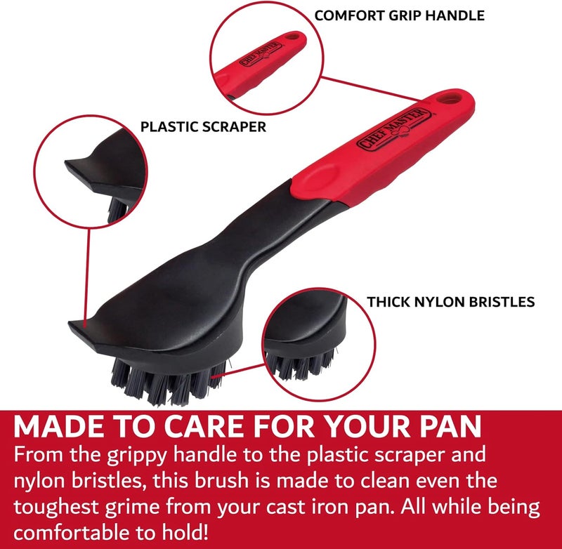 Chefmaster Cast Iron Scrub Brush & Scraper, Dish Scrubber Brush with Heavy Duty Scraper & Superior Nylon Bristles for Cleaning Cast Iron Pan & Skillets, Removes Grime, Grease & Food Build Up by 90058 - Image 5
