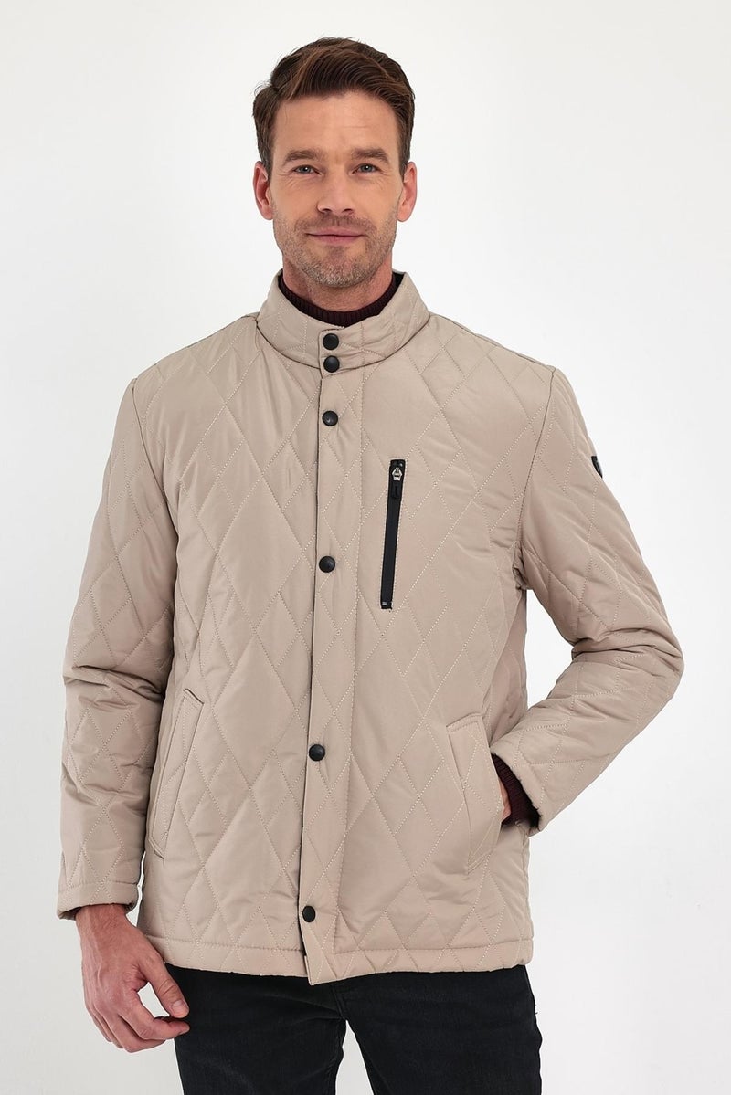 Sivaist Men's Cream Standard Fit Regular Cut Fur Lined Stand-up Collar Snap-Front Padded Patterned Overcoat  - Image 1