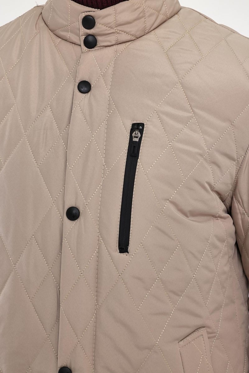 Sivaist Men's Cream Standard Fit Regular Cut Fur Lined Stand-up Collar Snap-Front Padded Patterned Overcoat  - Image 3