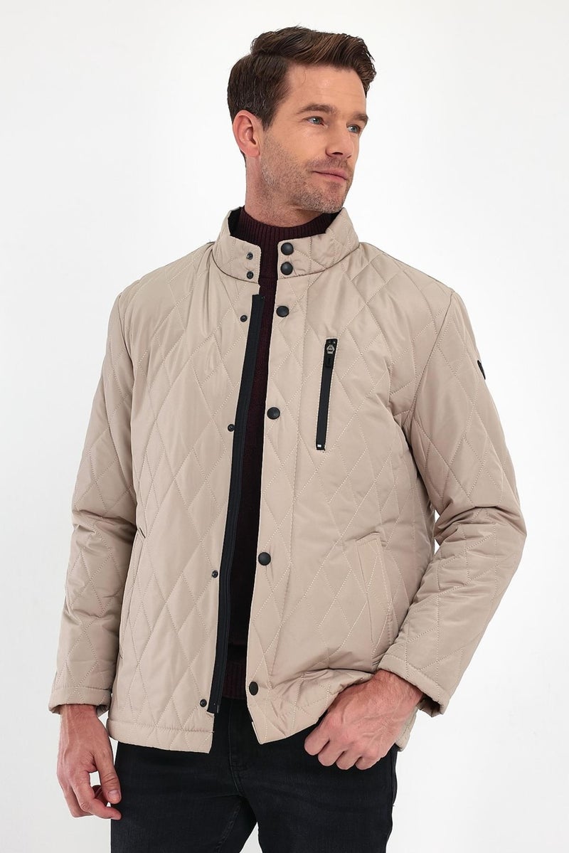 Sivaist Men's Cream Standard Fit Regular Cut Fur Lined Stand-up Collar Snap-Front Padded Patterned Overcoat  - Image 2