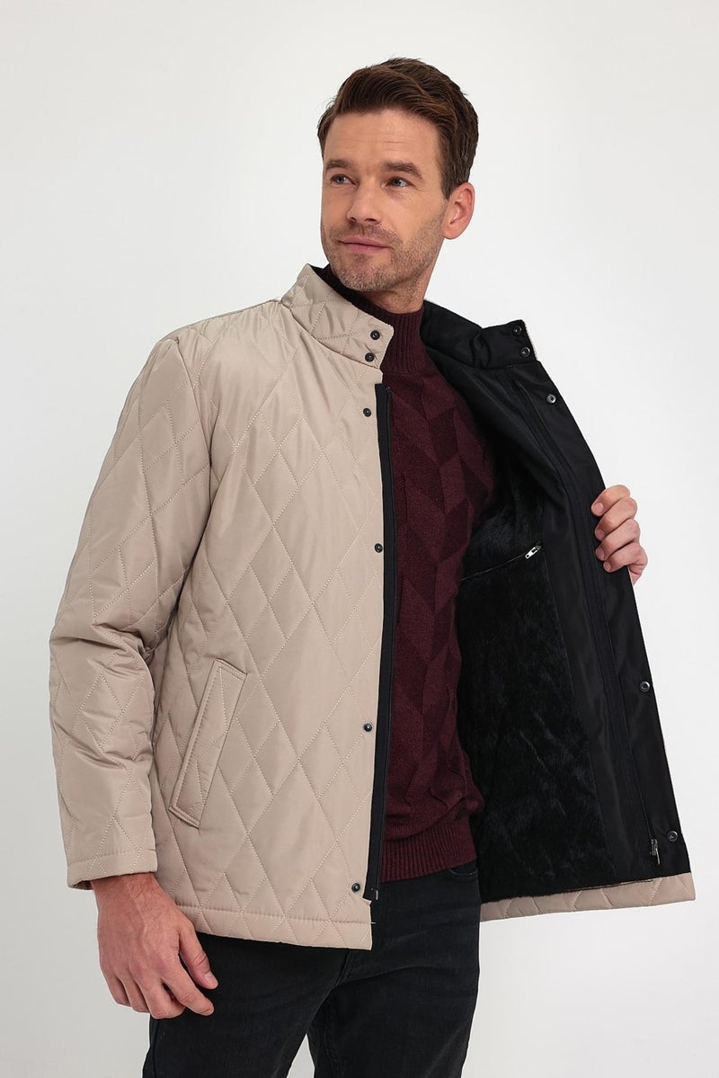 Sivaist Men's Cream Standard Fit Regular Cut Fur Lined Stand-up Collar Snap-Front Padded Patterned Overcoat  - Image 4