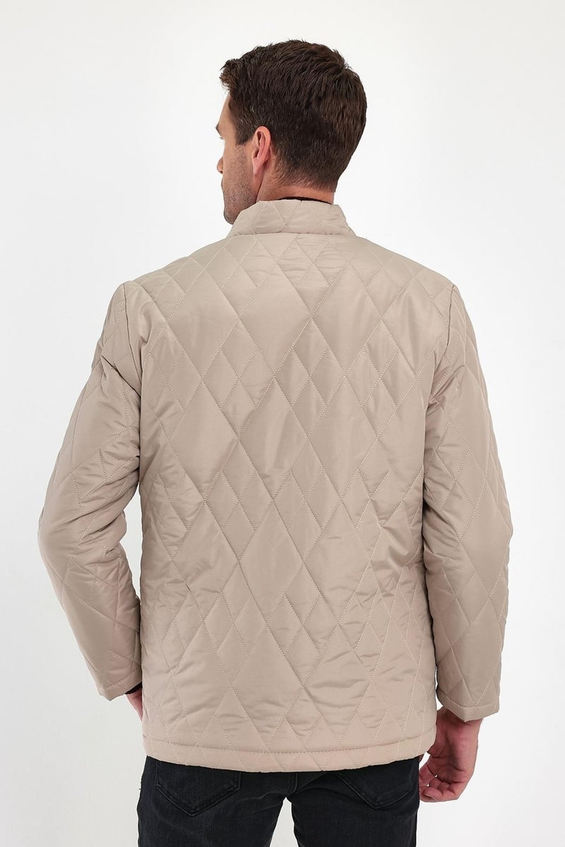 Sivaist Men's Cream Standard Fit Regular Cut Fur Lined Stand-up Collar Snap-Front Padded Patterned Overcoat  - Image 5