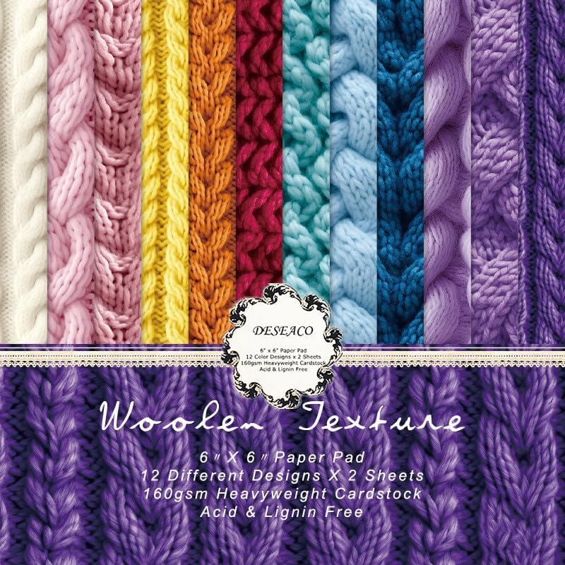 DESEACO 24 Sheets Knitting Wool Texture Decorative Scrapbooking Paper Pad 6x6 Craft Paper Single-Side Card Making Supplies for Junk Journal, Holiday Journaling, Purple, Blue, Pink and Yellow - Image 5