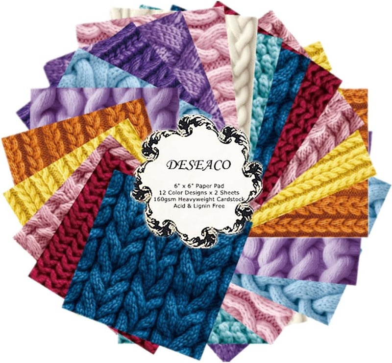 DESEACO 24 Sheets Knitting Wool Texture Decorative Scrapbooking Paper Pad 6x6 Craft Paper Single-Side Card Making Supplies for Junk Journal, Holiday Journaling, Purple, Blue, Pink and Yellow - Image 1