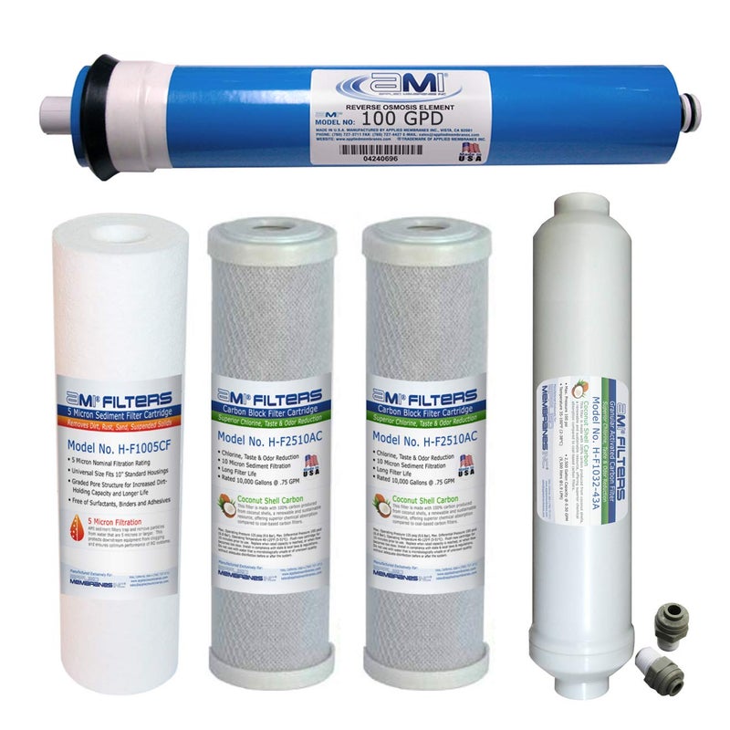 APPLIED MEMBRANES INC. Reverse Osmosis Membrane  Filter Replacement  100 GPD Membrane Set with Pre  Post Filters  5 Stage Water Filtration System  6 Months Supply