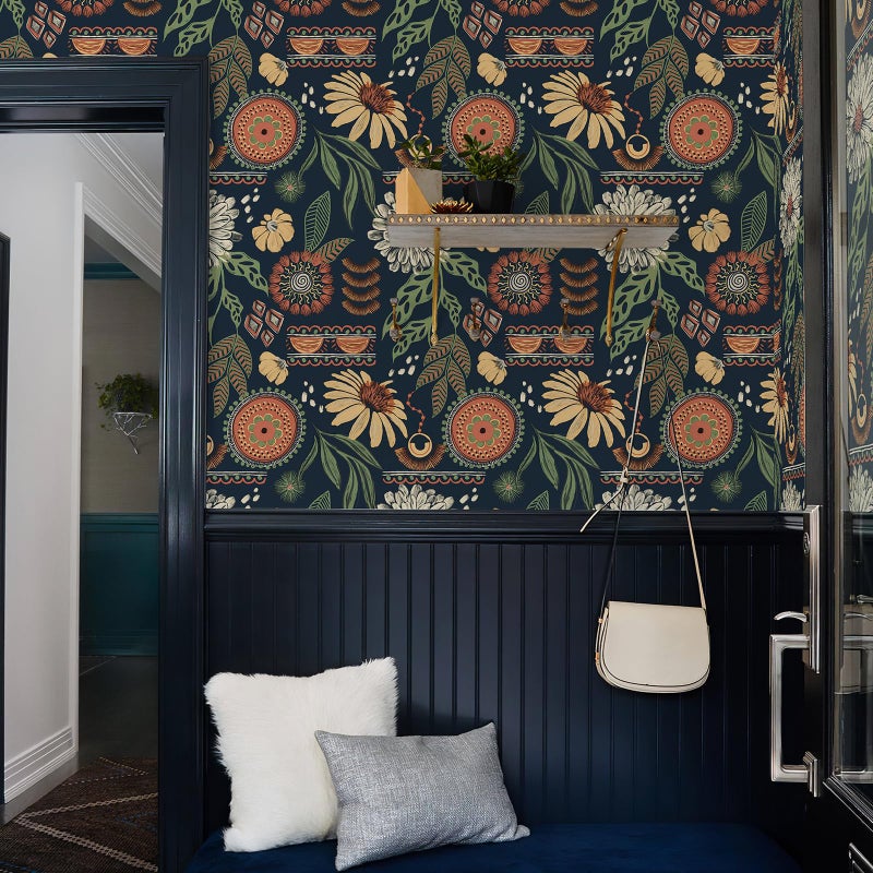 Simon&Siff Boho Wallpaper Peel and Stick, 17.3" x 80" Sun Floral Retro Removable Contact Paper Dark Botanical Flowers Wall Mural for Decorative Bedroom Bathroom Home Wall - Image 5