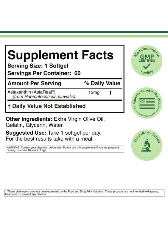 Astaxanthin 12mg Softgels, AstaReal, Eye, Skin + Joint Support, 60 Softgels - Image 2