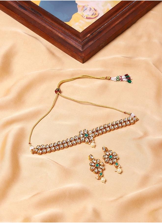 VOYLLA Kundan Gold Plated Brass Necklace Set  - Image 1