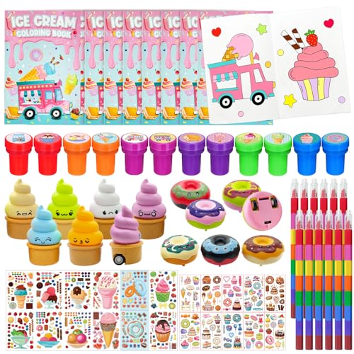 Cinrobiye 72 Pcs Ice Cream Party Favors Bulk Candyland Donut Birthday Goodie Bag Fillers Sweet Candy Party Coloring Books with Rainbow Crayons DIY Craft Kit for Summer Party Gift Exchange - Image 1