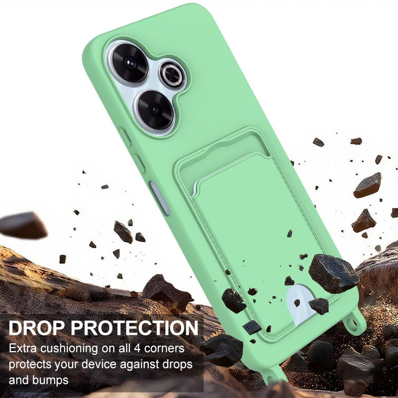 إيروريكس جراب هاتف من السيليكون السائل بلون سادة مع حقيبة بطاقات مدمجة لهاتف Redmi 13 4G / 13 5G / Note 13R 5G من الجيل الثاني مع حبل قصير (أخضر) - Image 5