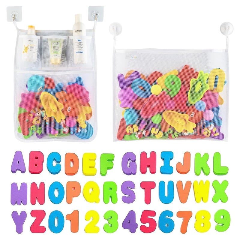 Comfylife 2 x Mesh Bath Toy Organizer + 6 Ultra Strong Hooks + 36 Bath Letters & Numbers â€“ Eco-Safe, Fun, Educational Foam Letters and Perfect Toy Storage Net for Baby Bath Toys & More - Image 1