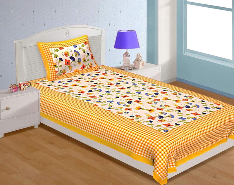 EarlyMart Comfort Rajasthani Jaipuri Traditional Sanganeri Printed 140 TC Cotton Single Size Bed Bedsheet with 1 Pillow Cover Yellow - Image 1
