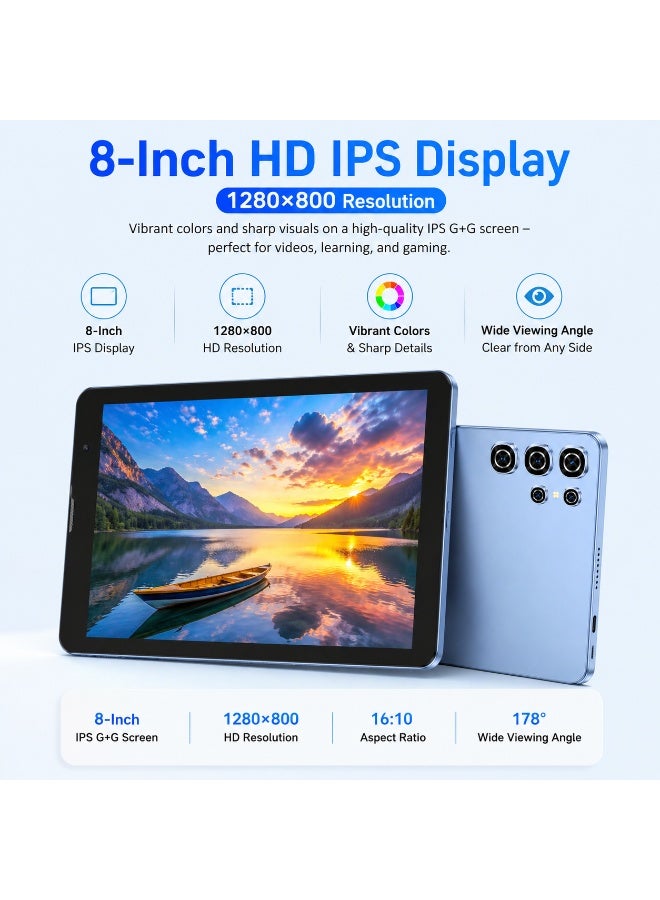 Modio Tab M132 8-Inch Android 13 Tablet, 8GB RAM 512GB Storage, 5000mAh, Dual SIM, WiFi, Keyboard & Accessories – Blue - Image 2