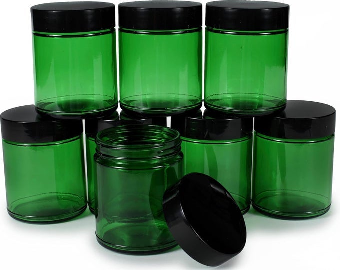 GREEN 8 OUNCE ROUND GLASS JARS WITH BLACK LIDS 8 PACK