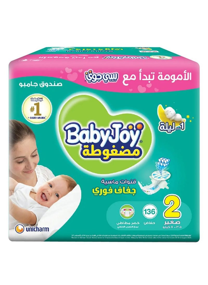 Baby Joy BabyJoy Compressed Diamond Pad Tape Style Diapers, 136 Pieces Jumbo Box, Size 2 Small, 3.5-7kg - 12Hrs Leakage Protection, Cottony Soft, Waist Stretch, Breathable 