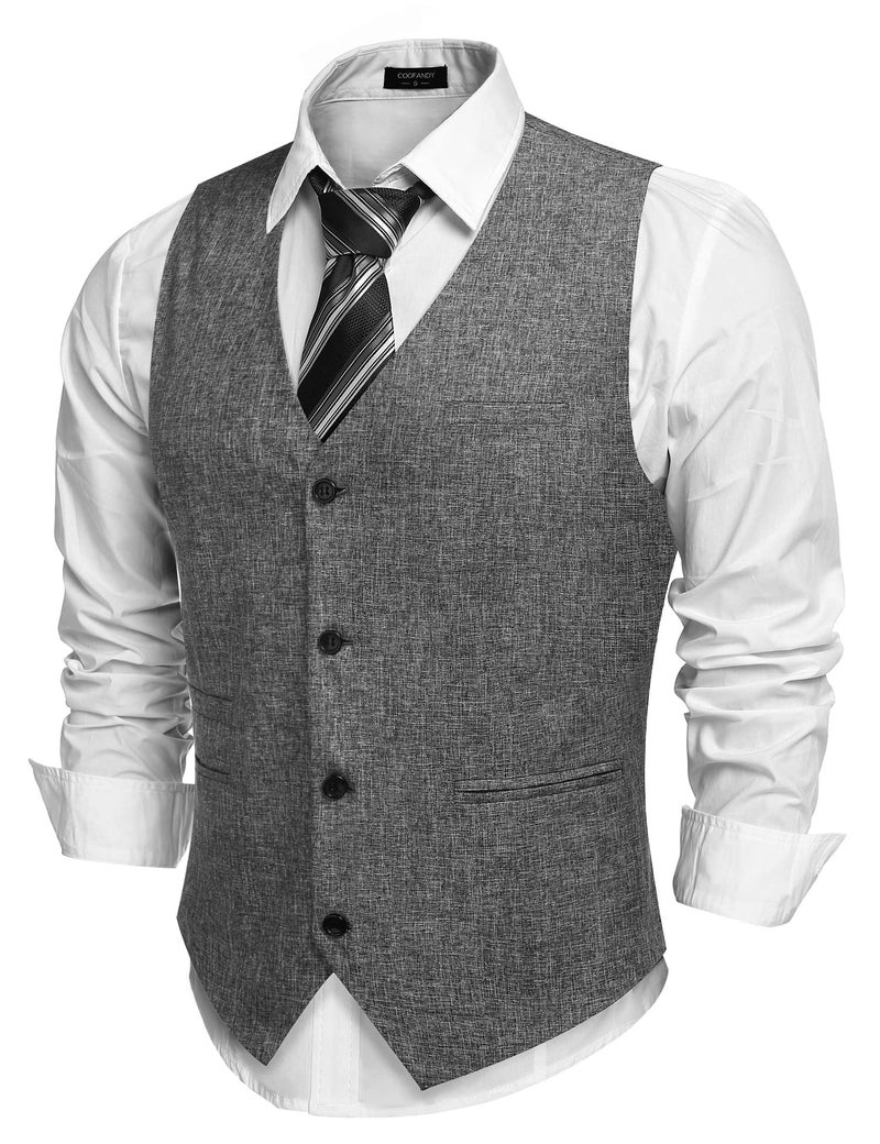 COOFANDY Men's Herringbone Tailored Waistcoat Single Breasted Classic Dress Vest Grey Large - Image 1