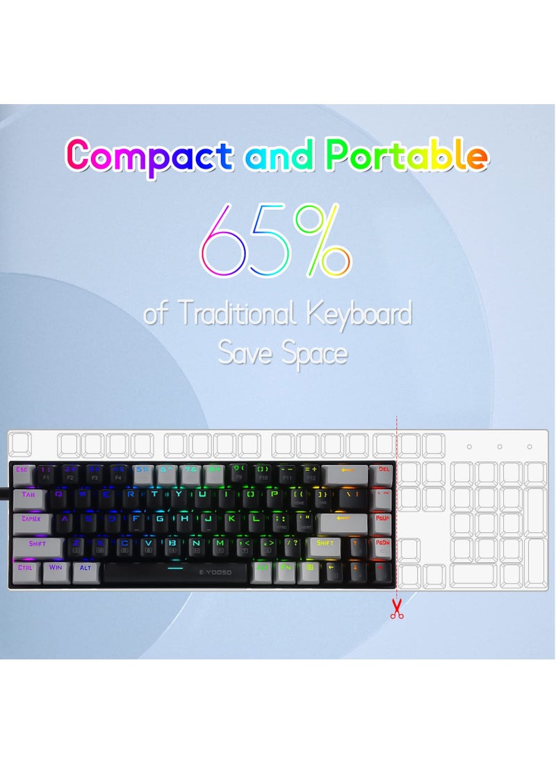 إي-يوسو لوحة مفاتيح ألعاب RGB بنسبة 65%، لوحة مفاتيح ميكانيكية سلكية مكونة من 68 مفتاحًا باللون الأزرق، وكابل USB-C قابل للفصل، ومفاتيح أسهم منفصلة لألعاب المكتب - أسود رمادي - Image 4
