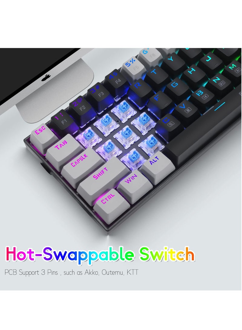إي-يوسو لوحة مفاتيح ألعاب RGB بنسبة 65%، لوحة مفاتيح ميكانيكية سلكية مكونة من 68 مفتاحًا باللون الأزرق، وكابل USB-C قابل للفصل، ومفاتيح أسهم منفصلة لألعاب المكتب - أسود رمادي - Image 2