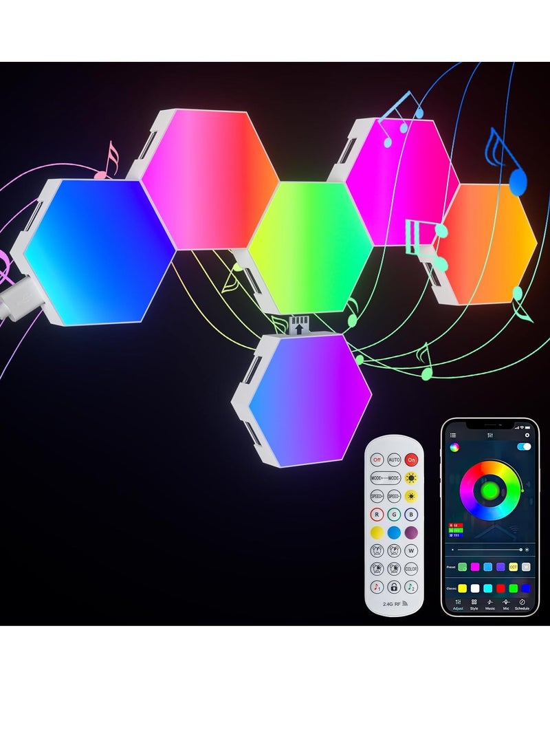 مخطوطات 6 قطع من مصابيح الحائط السداسية LED للتحكم عن بعد، لوحات إضاءة معيارية ذكية حساسة باللمس RGB ملونة مع ديكور طاقة USB لغرفة النوم وغرفة المعيشة  - Image 2