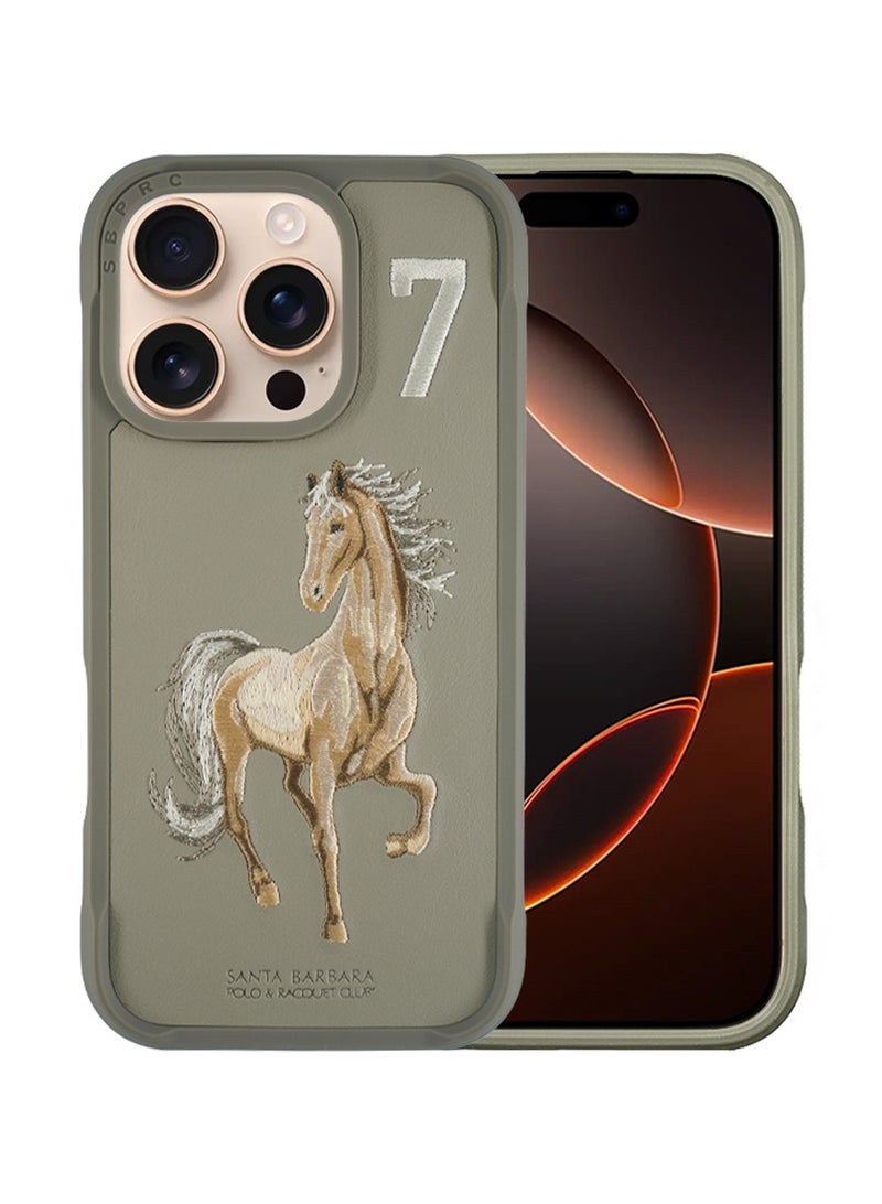 Boris Series Horse Embroidery Phone Case for iPhone 16 Pro Max – Shockproof, Premium Pleather  TPU, Anti-Slip Grip, Raised Edges for Screen  Camera Protection, Scratch-Resistant, Lightweight  Slim Design – Titanium Grey - Image 1