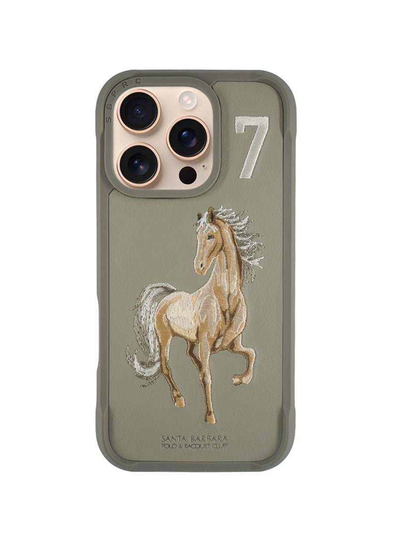 Boris Series Horse Embroidery Phone Case for iPhone 16 Pro Max – Shockproof, Premium Pleather  TPU, Anti-Slip Grip, Raised Edges for Screen  Camera Protection, Scratch-Resistant, Lightweight  Slim Design – Titanium Grey - Image 2